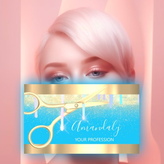 Moderne Friseurschere Tropfen Gold Blue Visitenkarte