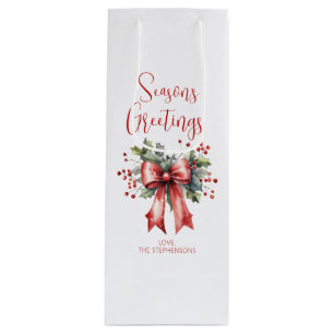 Moderne Frohe Festtage Script Holly Bow Name Geschenktüte Für Weinflaschen