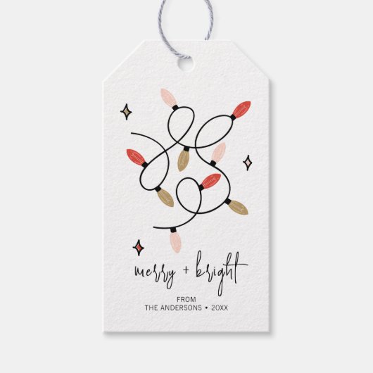 Moderne frohe und helle Weihnachtsleuchten Geschenkanhänger (Vorderseite)