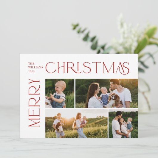Moderne frohe Weihnachten 4 Foto Rote Typografie (Stehend Vorderseite)