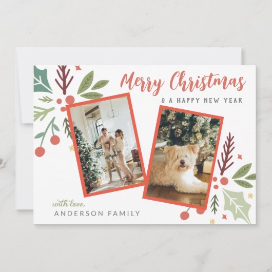 Moderne frohe Weihnachten Berry Foliage Zwei Foto (Vorderseite)