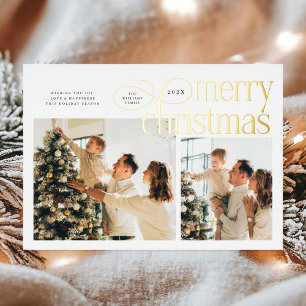Moderne Frohe Weihnachten einfache 2 Fotos Familie Folien Feiertagskarte