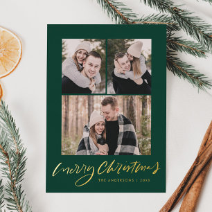 Moderne Frohe Weihnachten Gold Schrift Grün 3 Foto Folien Feiertagskarte