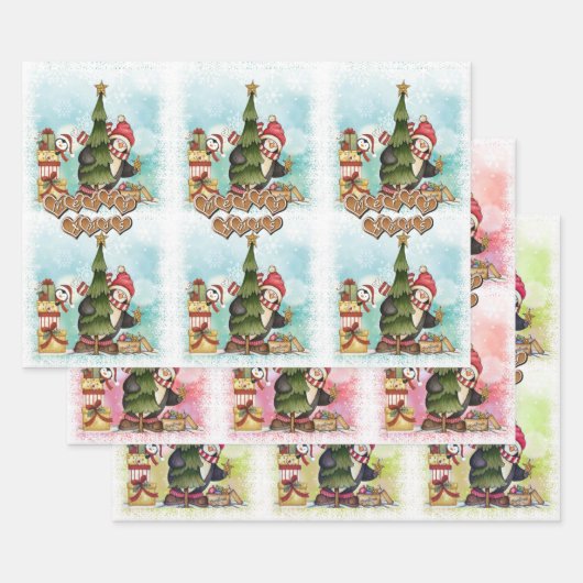 Moderne frohe Weihnachten Niedlich Pinguin Pattern Geschenkpapier Set (Set)