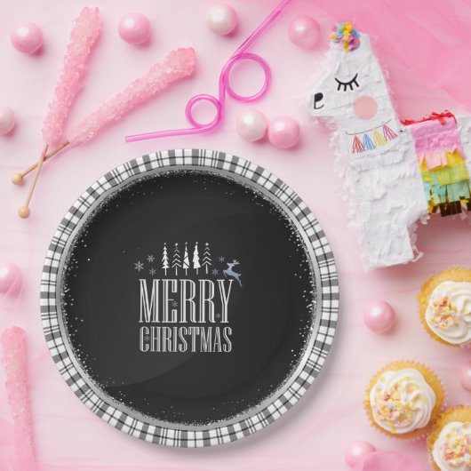 Moderne frohe Weihnachten Schwarz-weiße Karierte E Pappteller (Party)