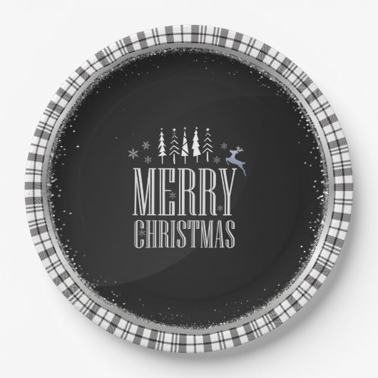 Moderne frohe Weihnachten Schwarz-weiße Karierte E Pappteller (Vorderseite)