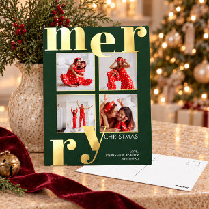 Moderne Frohe Weihnachten Waldgrüne Fotocollage Folien Feiertagspostkarte