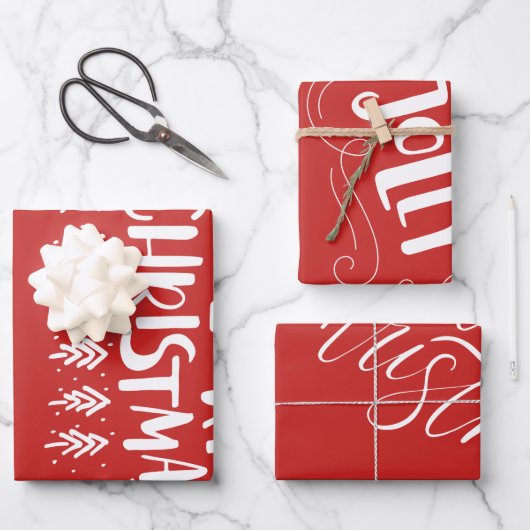 Moderne frohe Weihnachten White Script Holly Jolly Geschenkpapier Set (Vorderseite)