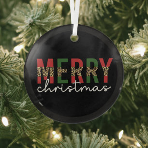 Moderne frohe Weihnachts-Leopard Print Typografie Ornament Aus Glas