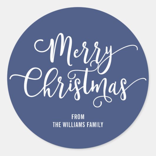 Moderne frohe Weihnachts-Script Blue Round Sticker (Vorderseite)