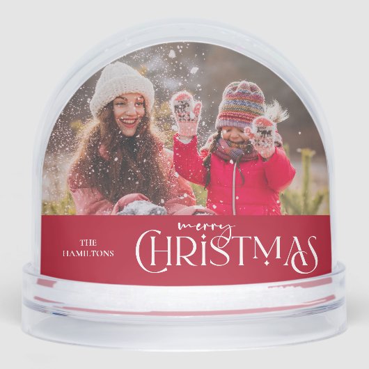 Moderne frohe Weihnachts-Script-Foto Snow Globe Schneekugeln (Vorderseite)