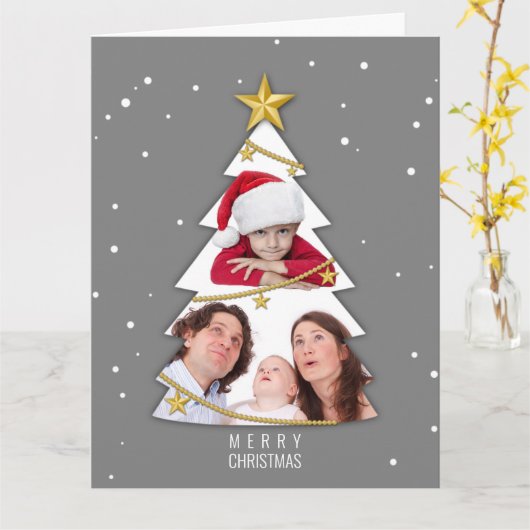 Moderne frohe Weihnachtsbaume Foto Collage Gray Karte (Gelbe Blume)