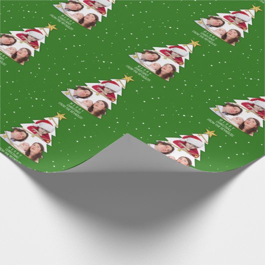 Moderne frohe Weihnachtsbaume Foto Collage Green Geschenkpapier (Ecke)