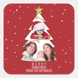 Moderne frohe Weihnachtsbaume Foto Collage Rot Quadratischer Aufkleber