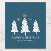 Moderne frohe Weihnachtsbäume und Sterne Blau Weinetikett (Einzelnes Label)