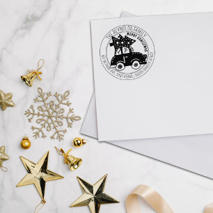 Moderne frohe Weihnachtsbaumwagen Rücksendeadresse Gummistempel