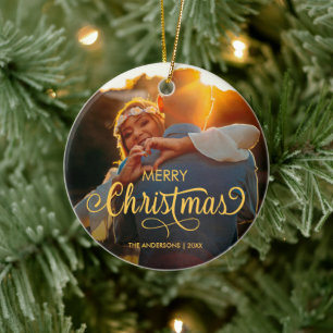 Moderne frohe Weihnachtsfamilie Foto Name Keramik Ornament