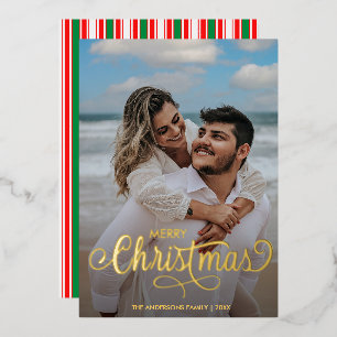 Moderne frohe Weihnachtsfamilie Foto Name Streifen Folien Feiertagskarte