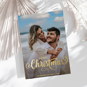 Moderne frohe Weihnachtsfamilie Foto Name Streifen Folien Feiertagskarte