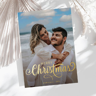 Moderne frohe Weihnachtsfamilie Foto Name Streifen Folien Feiertagskarte