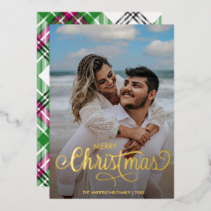 Moderne frohe Weihnachtsfamilie Foto Name Tartan F Folien Feiertagskarte