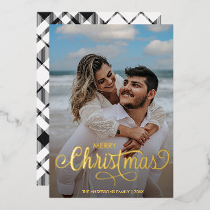 Moderne frohe Weihnachtsfamilie Foto Name Tartan F Folien Feiertagskarte