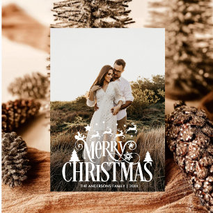 Moderne frohe Weihnachtsfamilie Foto Name Tartan Feiertagskarte