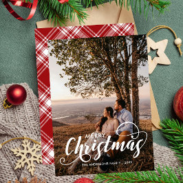 Moderne frohe Weihnachtsfamilie Foto Name Tartan Feiertagskarte