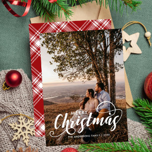 Moderne frohe Weihnachtsfamilie Foto Name Tartan Feiertagskarte