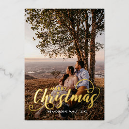 Moderne frohe Weihnachtsfamilie Foto Name Tartan Folien Feiertagskarte