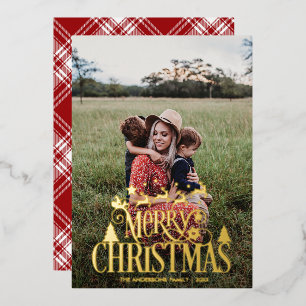 Moderne frohe Weihnachtsfamilie Foto Name Tartan Folien Feiertagskarte