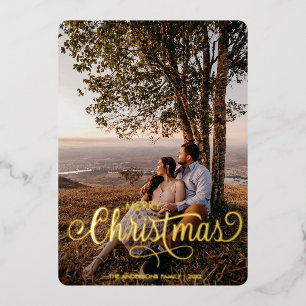 Moderne frohe Weihnachtsfamilie Foto Name Tartan Folien Feiertagskarte