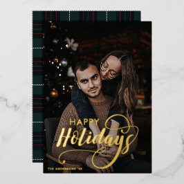 Moderne frohe Weihnachtsfamilie Foto Name Tartan Folien Feiertagskarte