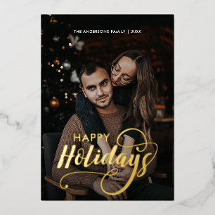 Moderne frohe Weihnachtsfamilie Foto Name Tartan Folien Feiertagskarte