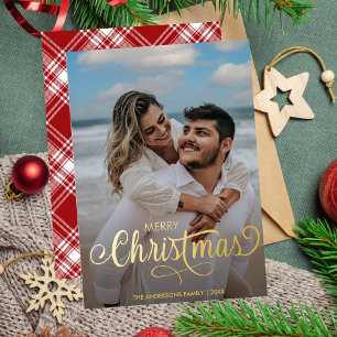 Moderne frohe Weihnachtsfamilie Foto Name Tartan Folien Feiertagskarte