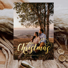 Moderne frohe Weihnachtsfamilie Foto Name Tartan Folien Feiertagskarte