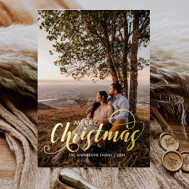 Moderne frohe Weihnachtsfamilie Foto Name Tartan Folien Feiertagskarte