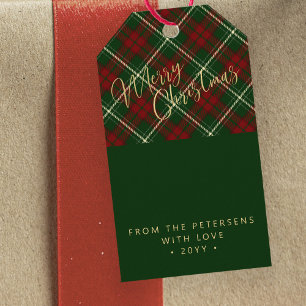 Moderne frohe Weihnachtsgoldschrift rot grün Geschenkanhänger