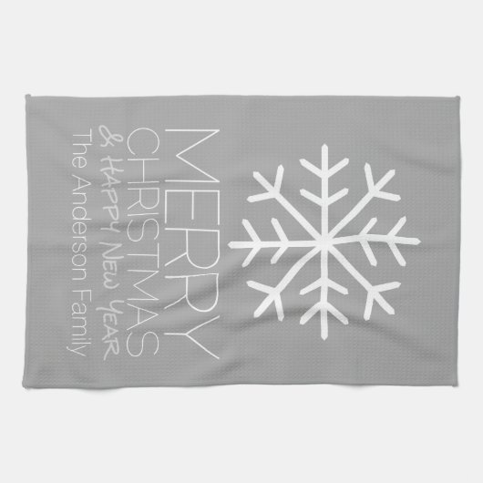 Moderne frohe Weihnachtsschneeflocke - silbergrau Geschirrtuch (Horizontal)