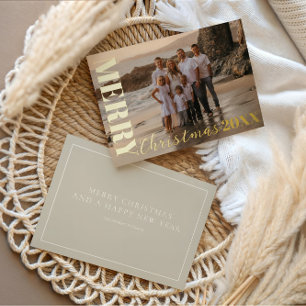 Moderne frohe Weihnachtsschrift Beige 1 Foto Gold Folien Feiertagskarte