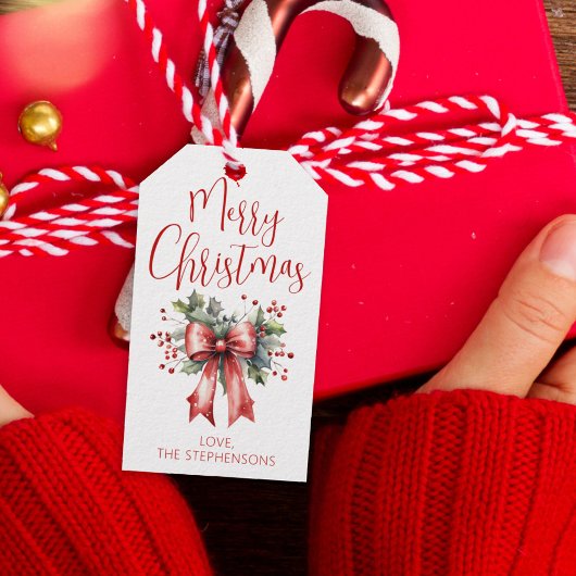 Moderne frohe Weihnachtsschrift Holly Bow Name Geschenkanhänger