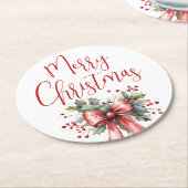 Moderne frohe Weihnachtsschrift Holly Bow Red Runder Pappuntersetzer (Angewinkelt)