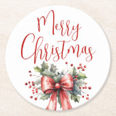 Moderne frohe Weihnachtsschrift Holly Bow Red Runder Pappuntersetzer (Vorderseite)