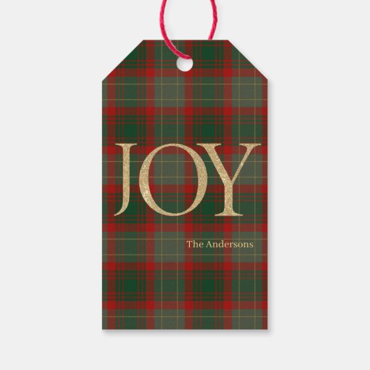 Moderne frohe Weihnachtsschrift Joy tartan rot Geschenkanhänger (Rückseite)