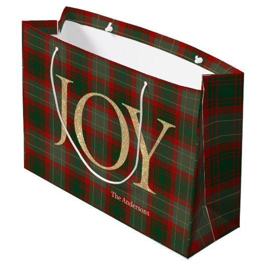 Moderne frohe Weihnachtsschrift Joy tartan rot Große Geschenktüte (Rückseite Schrägansicht)