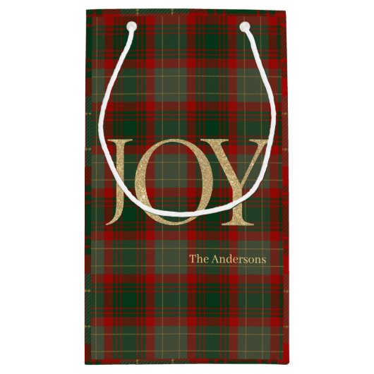 Moderne frohe Weihnachtsschrift Joy tartan rot Kleine Geschenktüte (Rückseite)