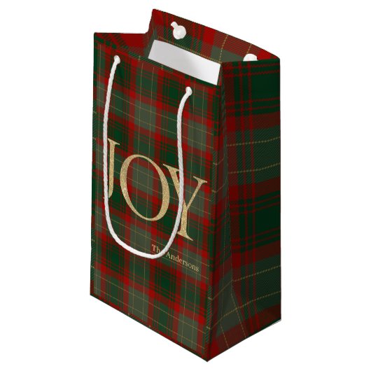 Moderne frohe Weihnachtsschrift Joy tartan rot Kleine Geschenktüte (Vorderseite Schrägansicht)