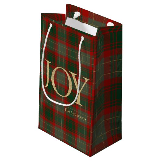 Moderne frohe Weihnachtsschrift Joy tartan rot Kleine Geschenktüte (Rückseite Schrägansicht)