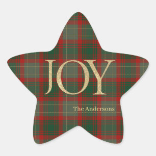Moderne frohe Weihnachtsschrift Joy tartan rot Stern-Aufkleber