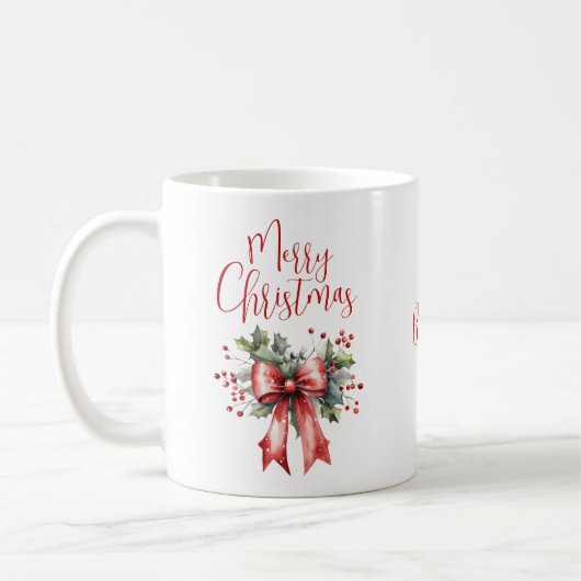 Moderne frohe Weihnachtsschrift Red Bow Personalis Kaffeetasse (Links)